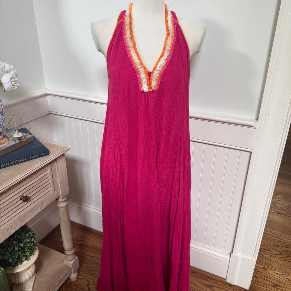 Magaschoni Organic Cotton Pom Pom‎ Fringe Trim Boho Maxi Dress Raspberry M